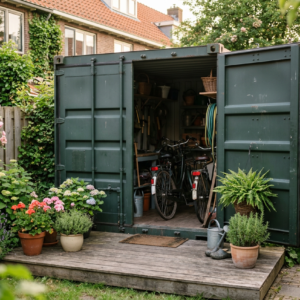 Donkergroene 10ft container als tuinberging met houten vlonder