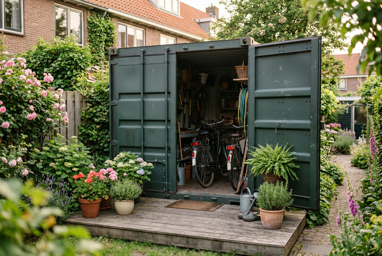Donkergroene 10ft container als tuinberging met houten vlonder