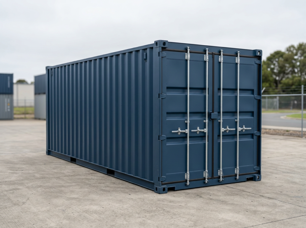 Nieuwe staalblauwe 20ft zeecontainer op een betonnen terrein
