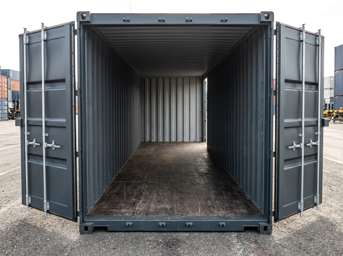 Open 40ft high cube container met zicht op de lege laadruimte