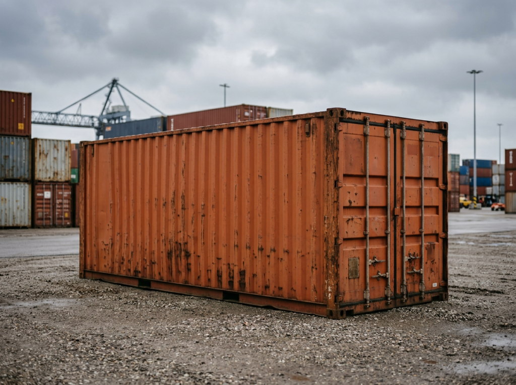 Tweedehands oranje 40ft zeecontainer op een containerterrein