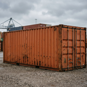 Tweedehands oranje 40ft zeecontainer op een containerterrein
