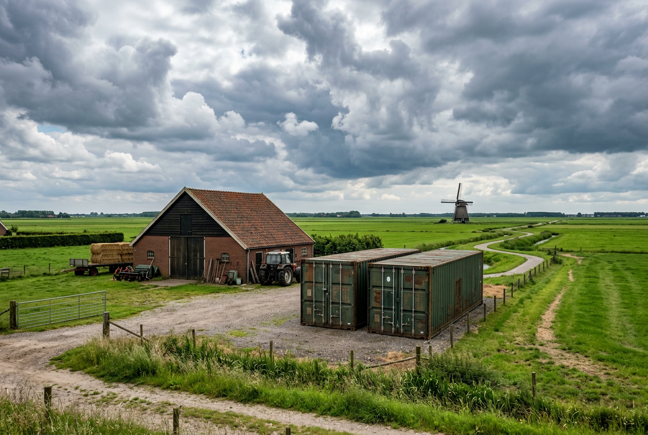 Twee 40ft zeecontainers als agrarische opslag naast een schuur in de polder