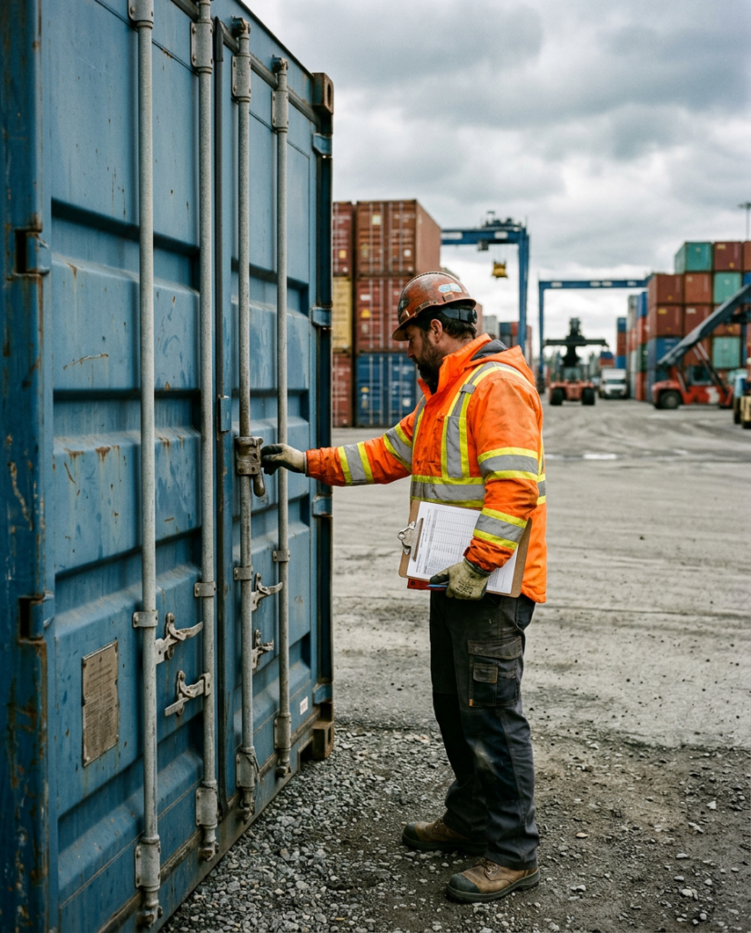 Medewerker controleert de deurrubbers van een blauwe zeecontainer