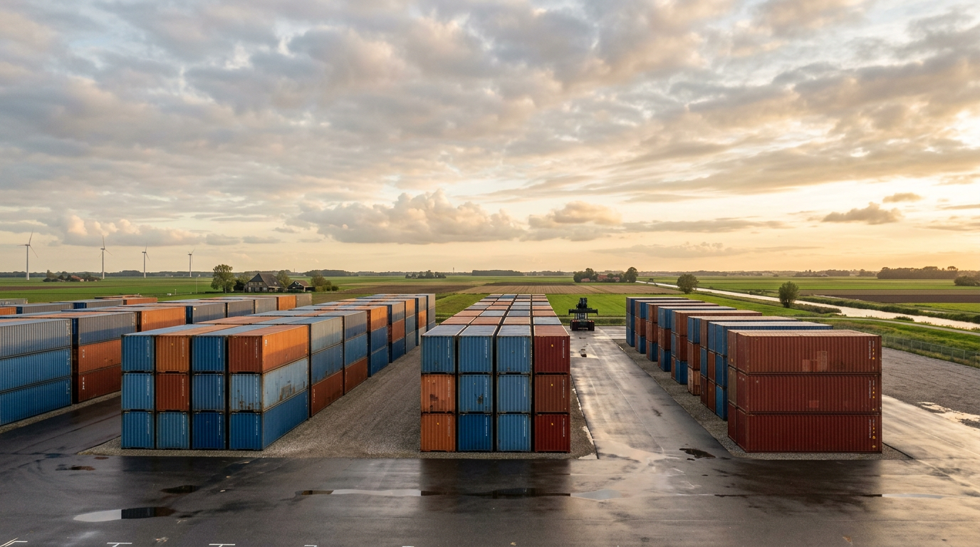 Rijen blauwe en oranje zeecontainers op een containerdepot bij zonsondergang