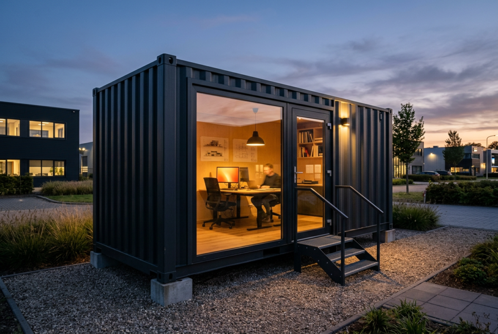 Zeecontainer omgebouwd tot modern kantoor met grote ramen