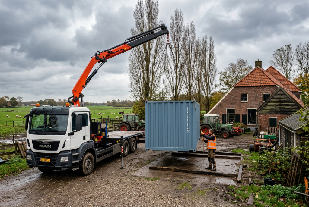 Vrachtwagen met kraan plaatst een blauwe 20ft container op een boerenerf
