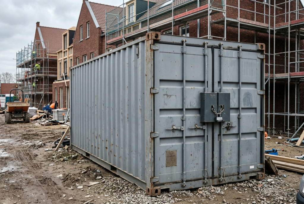 Grijze 20ft opslagcontainer op een bouwplaats met steigers